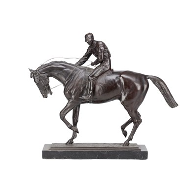 Lot 1047 - AFTER ISIDORE JULES BONHEUR A LATE 19TH CENTURY FRENCH PATINATED BRONZE EQUESTRIAN GROUP LE GRAND JOCKEY ON BLACK MARBLE BASE
