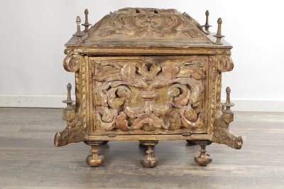 Lot 1528 - AN ITALIAN PARCEL GILT AND POLYCHROME CARVED WOOD CASSONE DOWRY CHEST
