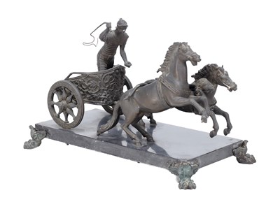 Lot 1086 - A 19TH CENTURY PATINATED BRONZE CHARIOT GROUP ON MARBLE BASE
