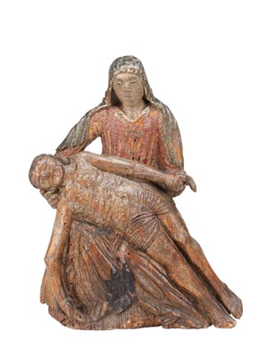 Lot 1401 - A 17TH CENTURY POLYCHROME CARVED WOOD PIETA