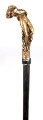 Lot 1452 - A LATE 19TH CENTURY ART NOUVEAU BRONZE HANDLED EBONISED WOOD WALKING STICK