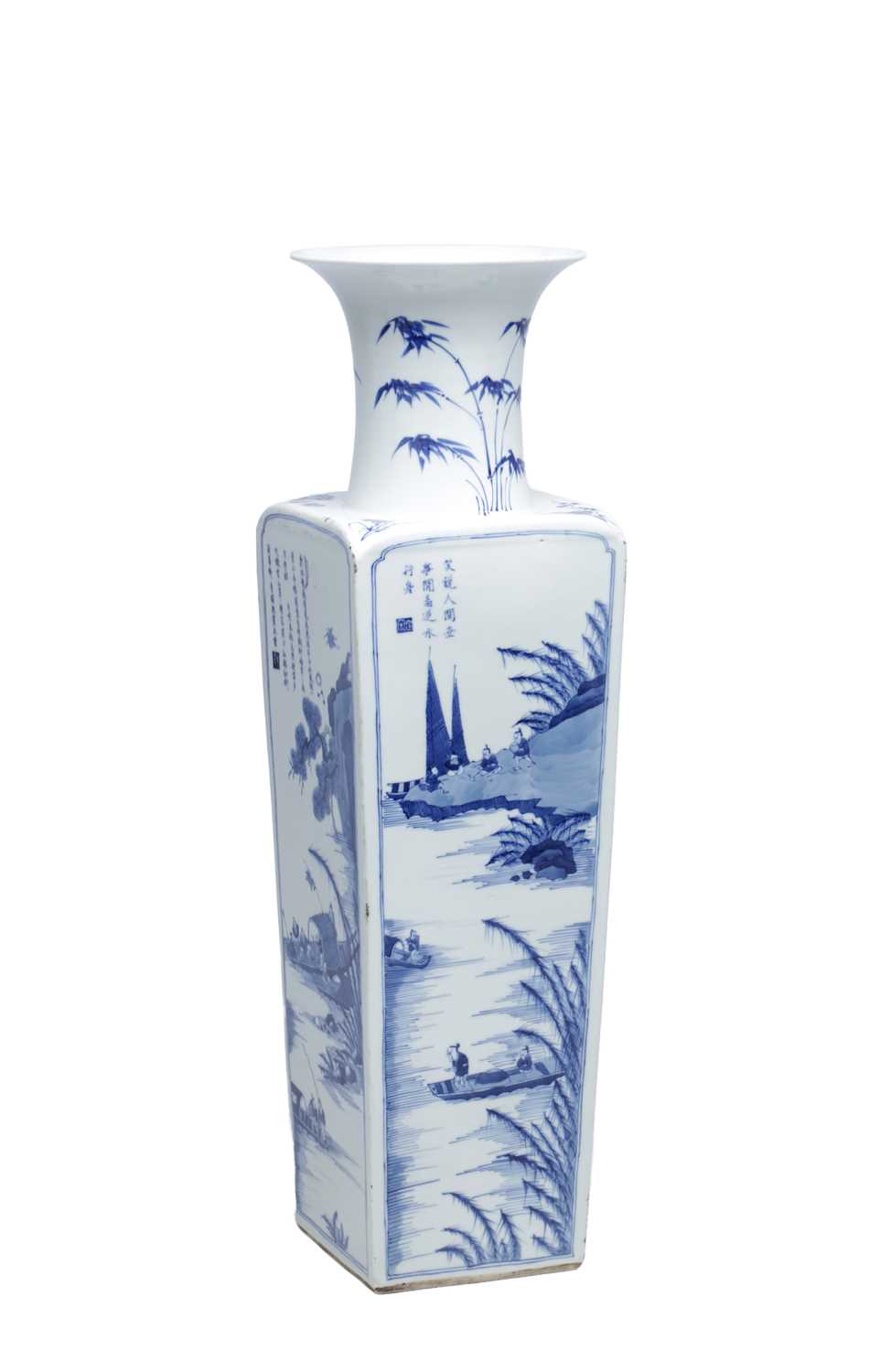 Lot 707 - A CHINESE BLUE AND WHITE PORCELAIN SQUARE VASE