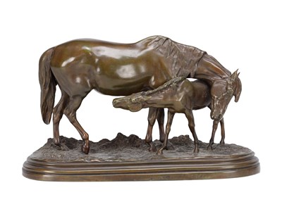 Lot 1081 - AFTER ISIDORE BONHEUR A PATINATED BRONZE GROUP OF A MARE AND FOAL