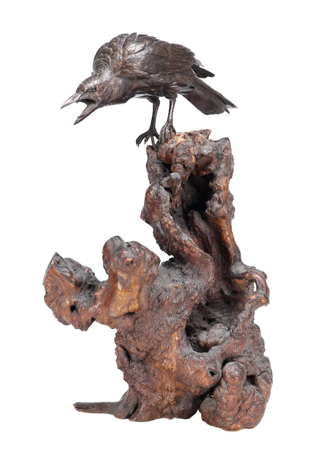 Lot 729 - A MEIJI PERIOD JAPANESE BRONZE CROW ON ROOTWOOD BASE