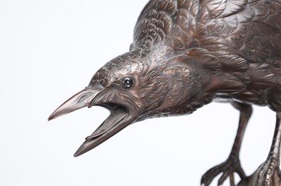 Lot 729 - A MEIJI PERIOD JAPANESE BRONZE CROW ON ROOTWOOD BASE