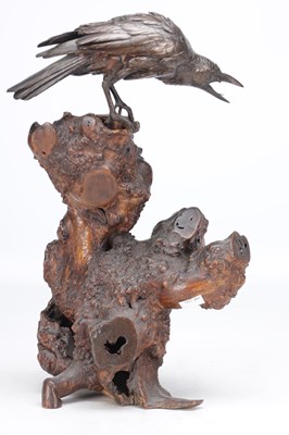 Lot 729 - A MEIJI PERIOD JAPANESE BRONZE CROW ON ROOTWOOD BASE