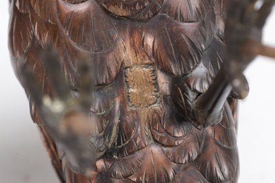 Lot 729 - A MEIJI PERIOD JAPANESE BRONZE CROW ON ROOTWOOD BASE