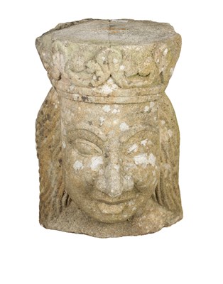 Lot 1031 - A 19TH CENTURY CARVED STONE HEAD WITH FOLIATE CROWN