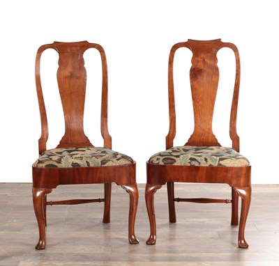 Lot 1525 - A PAIR OF EARLY 18TH CENTURY RED WALNUT SIDE CHAIRS WITH NEEDLEWORK SEATS