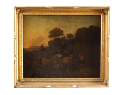 Lot 957 - AN 18TH CENTURY OIL ON CANVAS PASTORAL LANDSCAPE WITH CATTLE AND FIGURES
