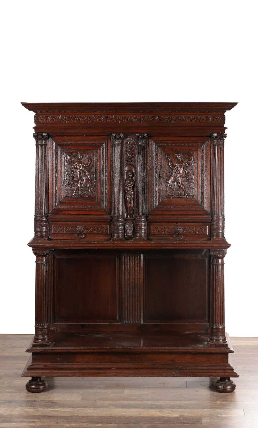 Lot 1545 - A 17TH CENTURY FRENCH OAK DRESSOIR CUPBOARD WITH POTBOARD