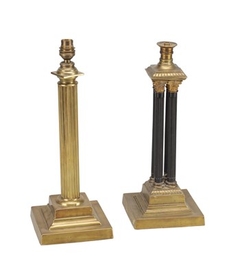 Lot 1104 - TWO 19TH CENTURY BRASS CORINTHIAN COLUMN TABLE LAMPS
