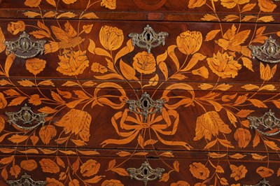 Lot 1603 - AN 18TH CENTURY DUTCH MARQUETRY BOMBE CHEST OF DRAWERS