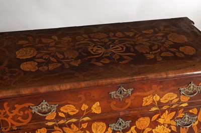 Lot 1603 - AN 18TH CENTURY DUTCH MARQUETRY BOMBE CHEST OF DRAWERS