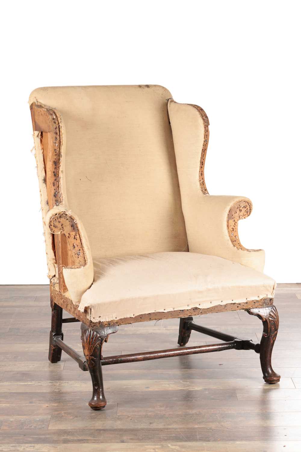 Lot 1513 - A RARE QUEEN ANNE PERIOD WALNUT WING-BACK CHAIR