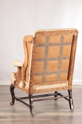 Lot 1513 - A RARE QUEEN ANNE PERIOD WALNUT WING-BACK CHAIR