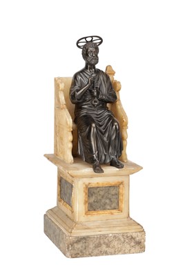 Lot 1112 - A LATE 18TH / EARLY 19TH CENTURY BRONZE FIGURE OF SAINT PETER ON AN ALABASTER AND SPECIMEN MARBLE THRONE
