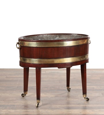 Lot 1575 - A GEORGE III MAHOGANY BRASS-BOUND WINE COOLER ON STAND