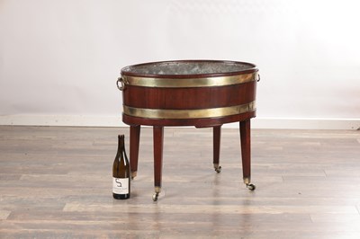 Lot 1575 - A GEORGE III MAHOGANY BRASS-BOUND WINE COOLER ON STAND