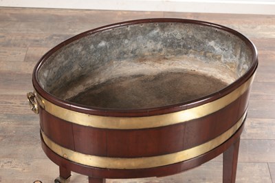 Lot 1575 - A GEORGE III MAHOGANY BRASS-BOUND WINE COOLER ON STAND