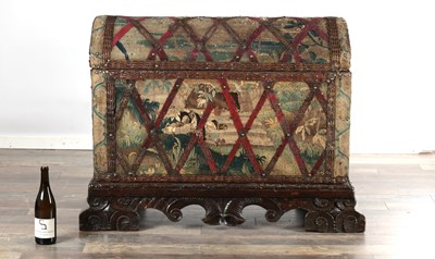 Lot 1526 - A RARE 17TH CENTURY FRENCH VERDURE TAPESTRY DOMED TOP CHEST