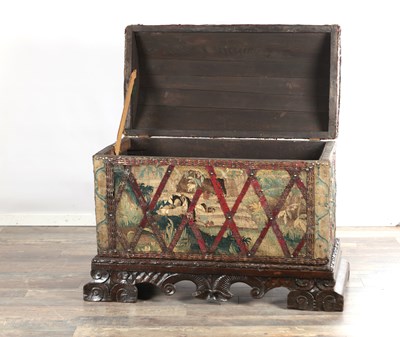 Lot 1526 - A RARE 17TH CENTURY FRENCH VERDURE TAPESTRY DOMED TOP CHEST