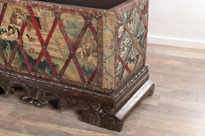 Lot 1526 - A RARE 17TH CENTURY FRENCH VERDURE TAPESTRY DOMED TOP CHEST