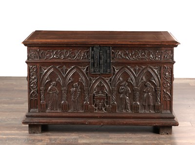 Lot 1668 - A 16TH CENTURY AND LATER OAK GOTHIC COFFER