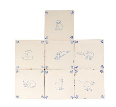 Lot 670 - A COLLECTION OF SEVEN DUTCH DELFT TIN-GLAZED EARTHENWARE CAT TILES