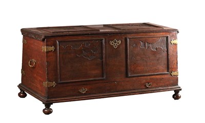 Lot 1651 - AN UNUSUAL 18TH CENTURY DUTCH COLONIAL BRASS-MOUNTED HARDWOOD COFFER