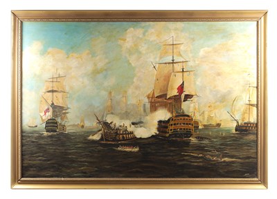 Lot 980 - A LARGE 20TH CENTURY OIL ON CANVAS NAVAL BATTLE SCENE