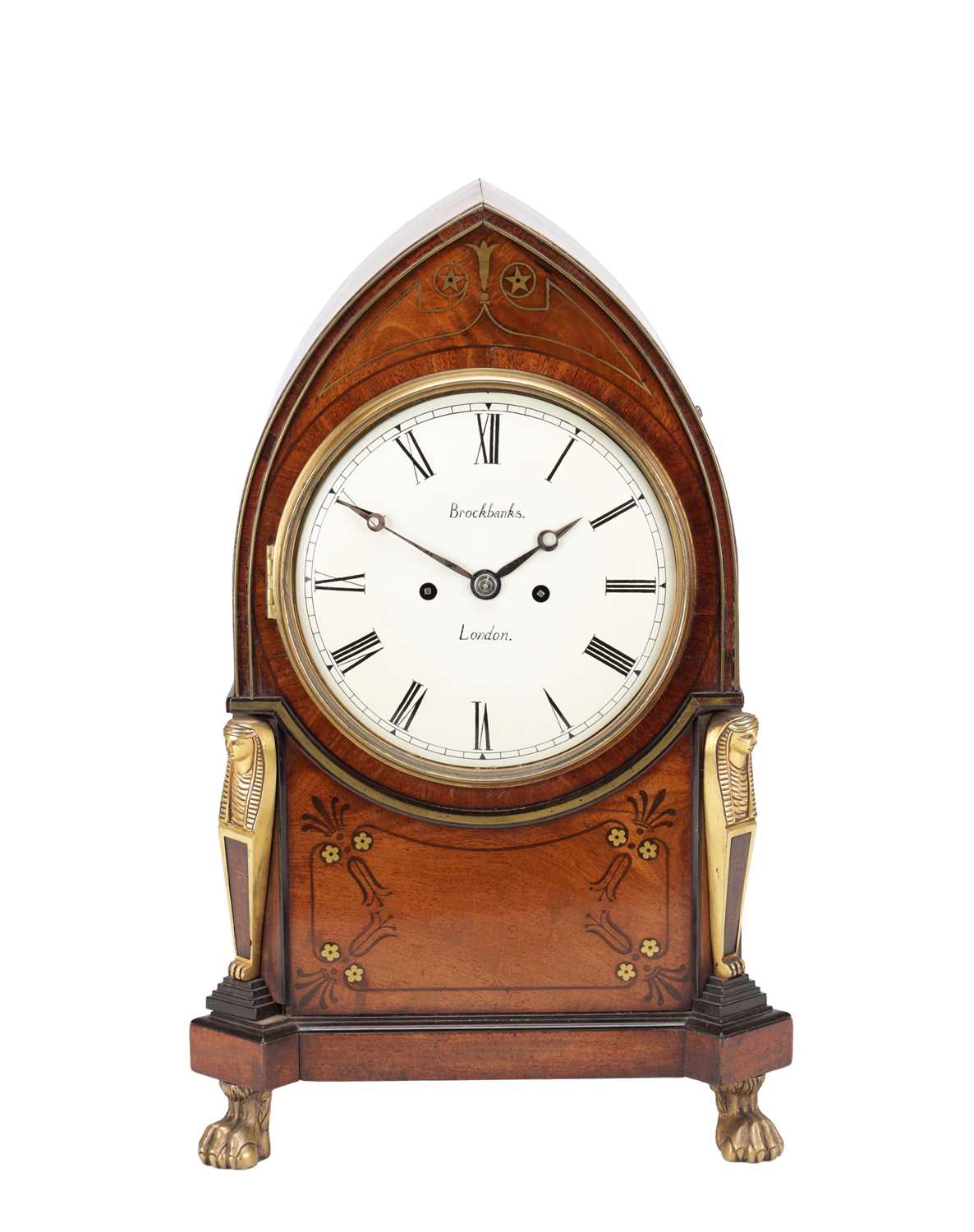 Lot 1286 - BROCKBANKS, LONDON. A REGENCY EGYPTIAN REVIVAL ORMOLU MOUNTED MAHOGANY BRACKET CLOCK