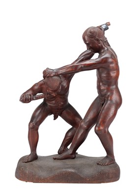 Lot 814 - A MEIJI PERIOD JAPANESE CARVED HARDWOOD SCULPTURE OF TWO WRESTLERS