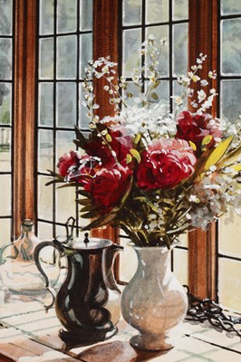 Lot 913 - MICHAEL JOHN HUNT (BRITISH, B.1941) AN ACRYLIC ON PANEL TITLED 'THE GLASS BOTTLE'