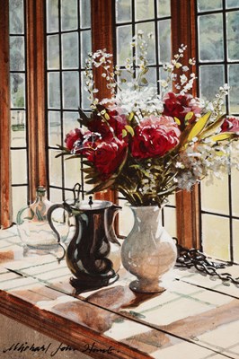 Lot 913 - MICHAEL JOHN HUNT (BRITISH, B.1941) AN ACRYLIC ON PANEL TITLED 'THE GLASS BOTTLE'