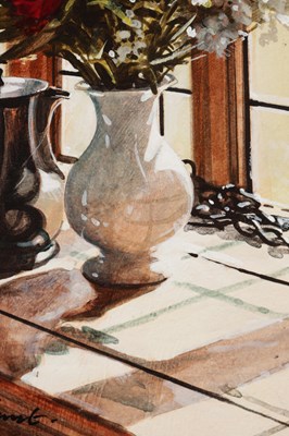 Lot 913 - MICHAEL JOHN HUNT (BRITISH, B.1941) AN ACRYLIC ON PANEL TITLED 'THE GLASS BOTTLE'
