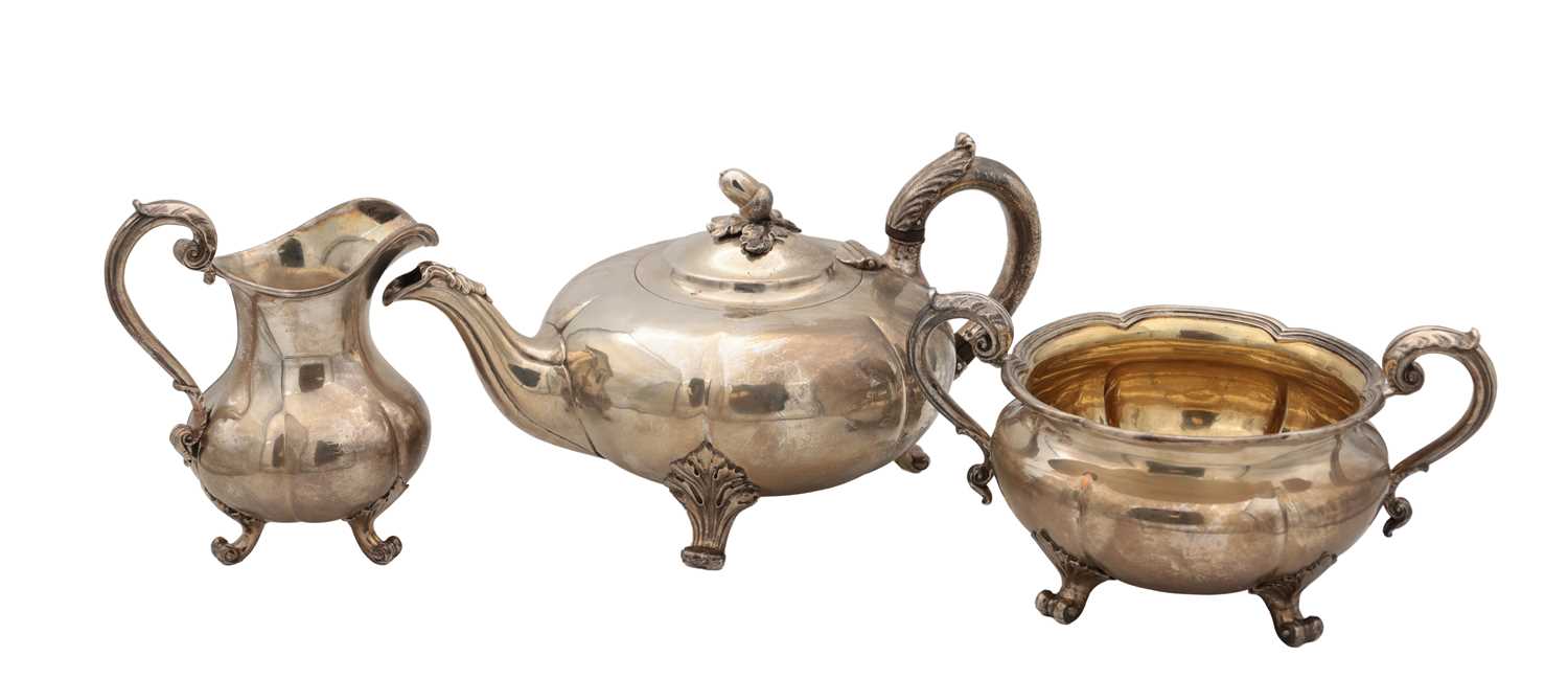 Lot 111 - AN EARLY VICTORIAN ENGLISH SILVER THREE-PIECE TEA SERVICE