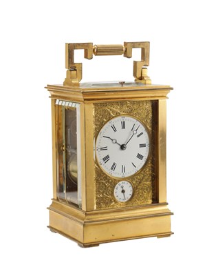Lot 1291 - DROCOURT. A LATE 19TH CENTURY FRENCH GILT BRASS REPEATING CARRIAGE CLOCK WITH ALARM