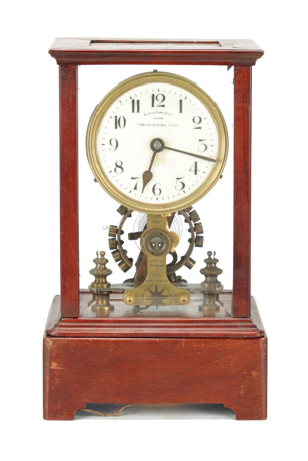 Lot 1365 - EUREKA CLOCK CO. LTD., LONDON AN EARLY 20TH CENTURY ENGLISH MAHOGANY FIVE GLASS 1000 DAY ELECTRIC MANTEL CLOCK