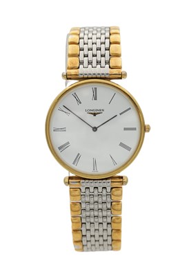 Lot 451 - A GENTLEMAN'S LONGINES LA GRANDE CLASSIQUE STEEL AND GOLD PLATED QUARTZ WRIST WATCH