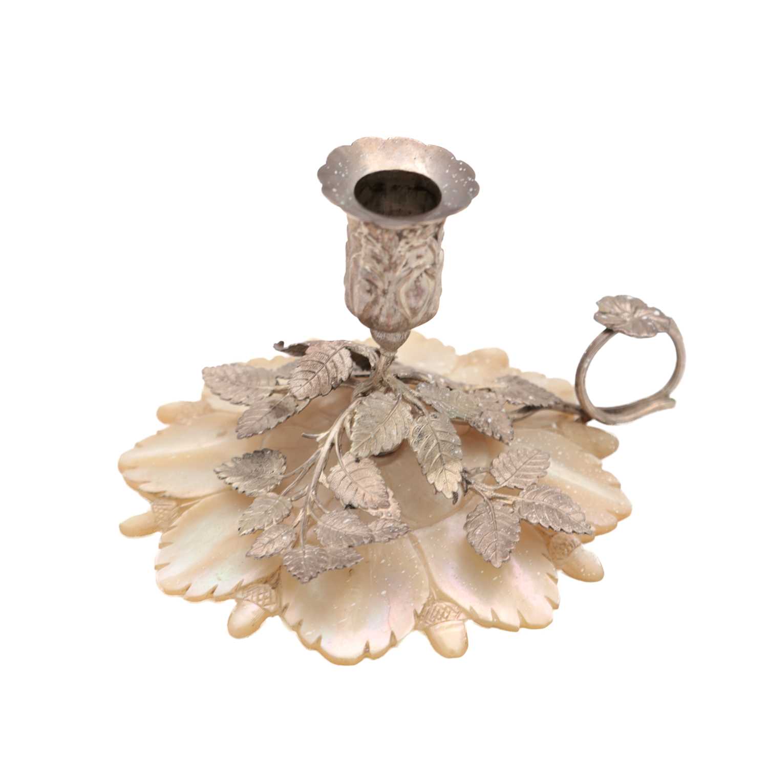 Lot 36 - A 20TH CENTURY SILVER AND MOTHER OF PEARL CHAMBERSTICK
