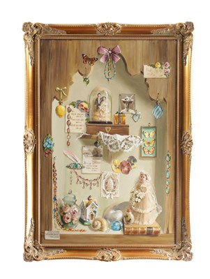 Lot 897 - DEBORAH JONES (BRITISH, 1912-2012) AN OIL ON CANVAS CUPBOARD WITH BEAUTIFUL BLUE BEADS