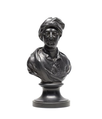 Lot 1155 - A LATE 18TH CENTURY WEDGWOOD BLACK BASALT BUST OF WILLIAM CONGREVE, CLOCKMAKER