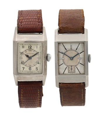 Lot 430 - TWO 1930S STEEL TANK WRIST WATCHES BY OMEGA AND TAVANNES
