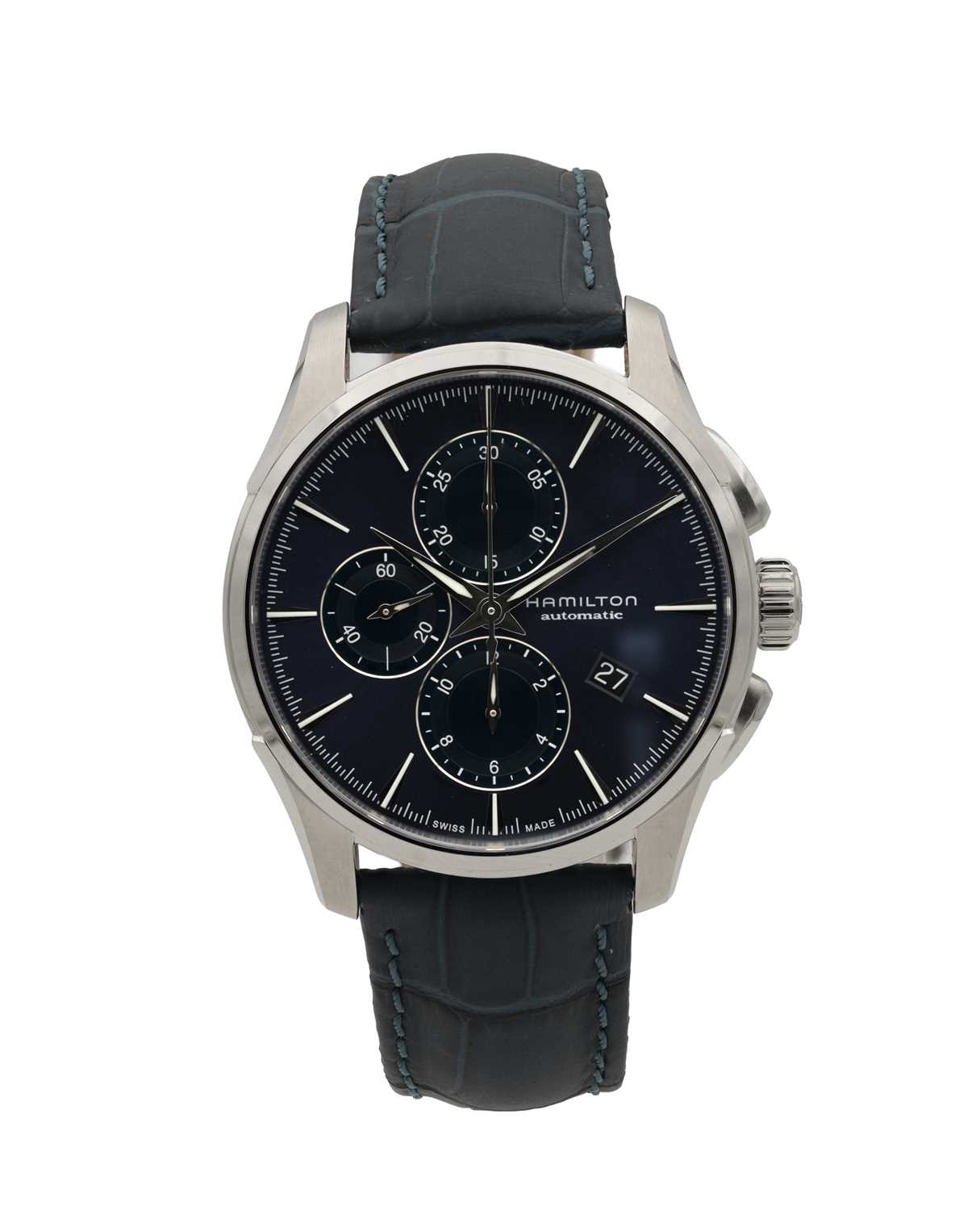 Lot 444 - A GENTLEMAN'S STAINLESS STEEL HAMILTON JAZZMASTER CHRONOGRAPH AUTOMATIC WRIST WATCH
