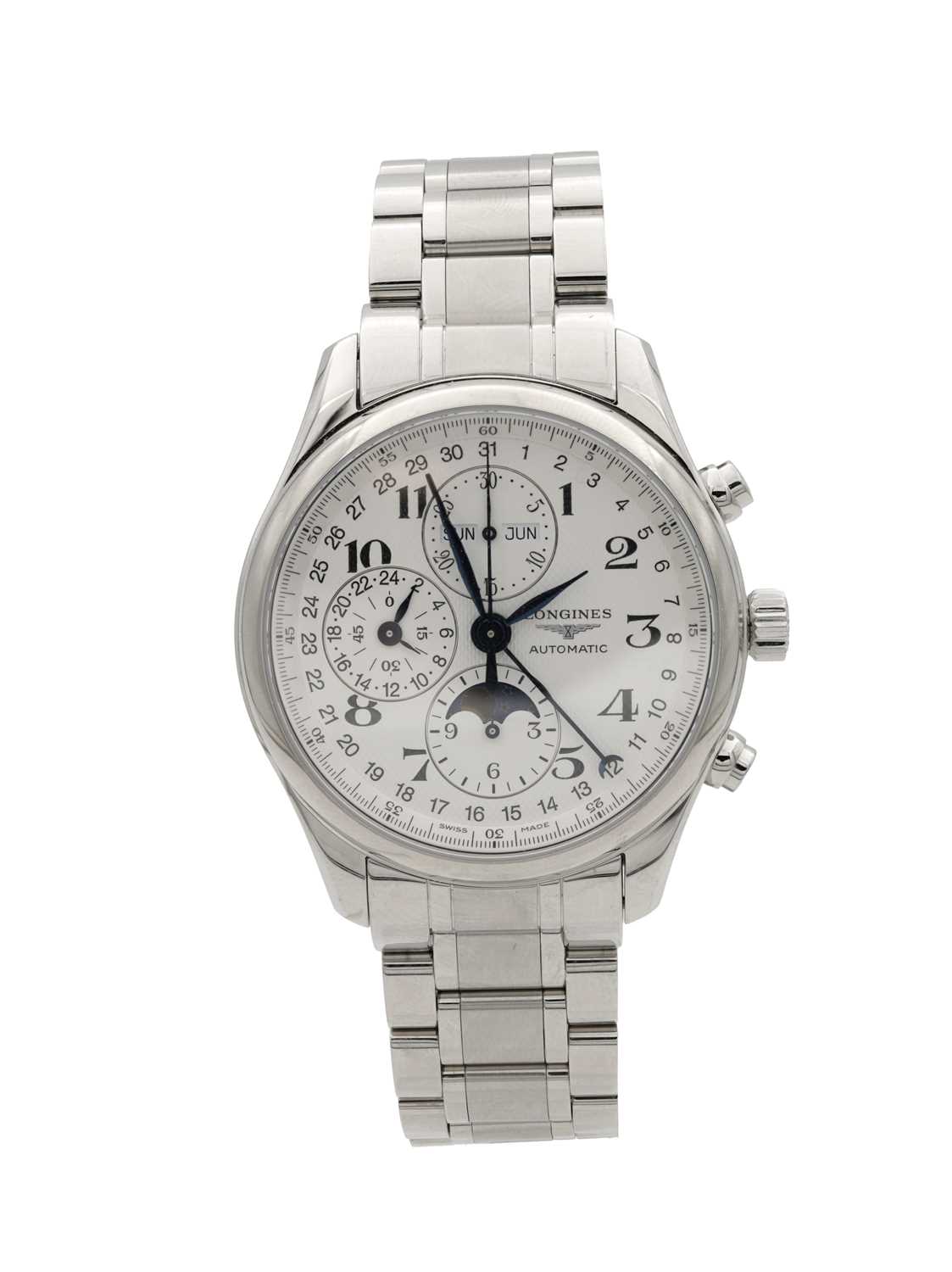 Lot 317 - A GENTLEMAN'S STEEL LONGINES MASTER COLLECTION TRIPLE CALENDAR MOONPHASE WRIST WATCH