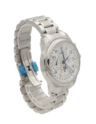 Lot 317 - A GENTLEMAN'S STEEL LONGINES MASTER COLLECTION TRIPLE CALENDAR MOONPHASE WRIST WATCH