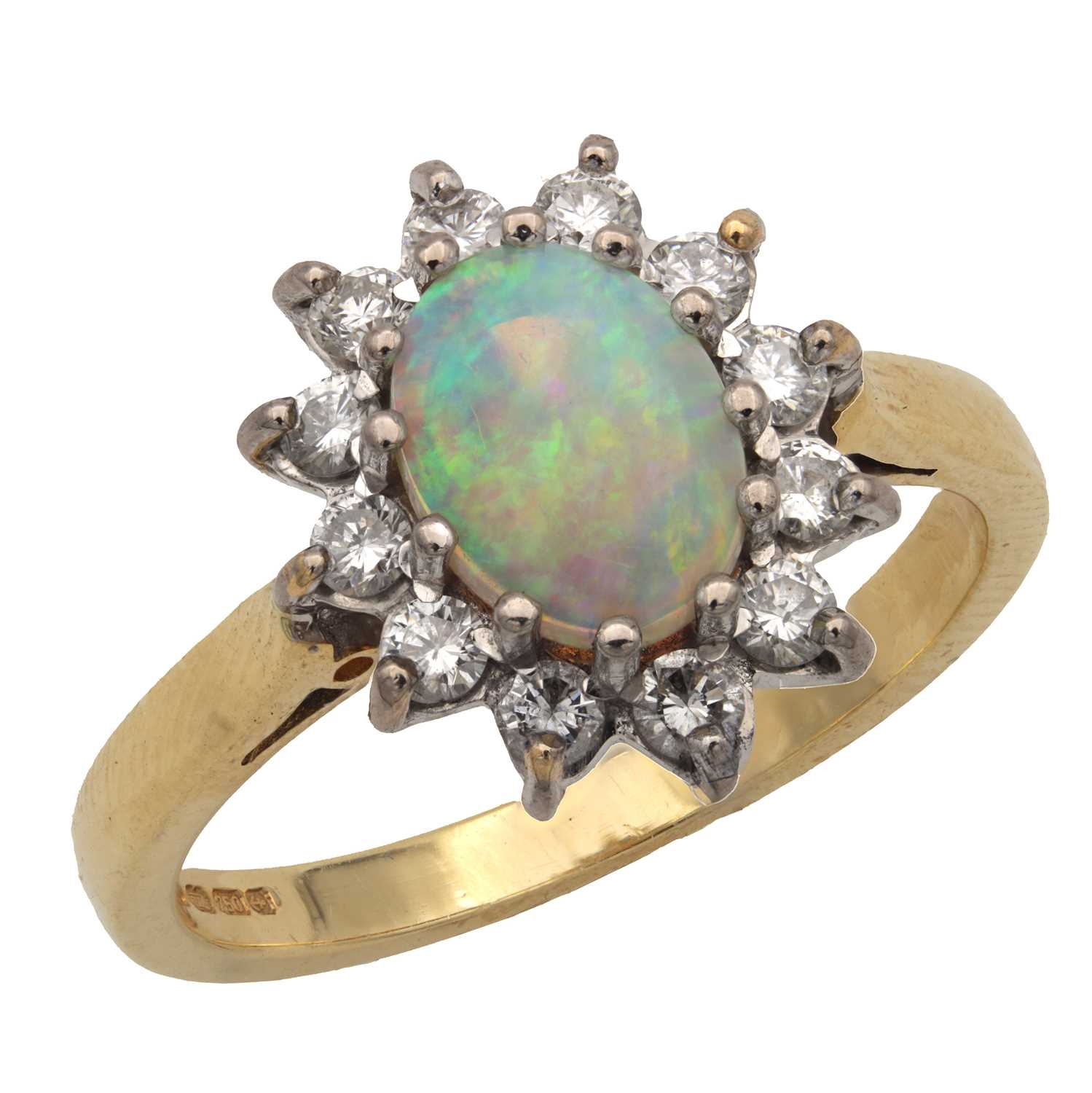 Lot 274 - AN 18CT YELLOW GOLD OPAL AND DIAMOND CLUSTER RING