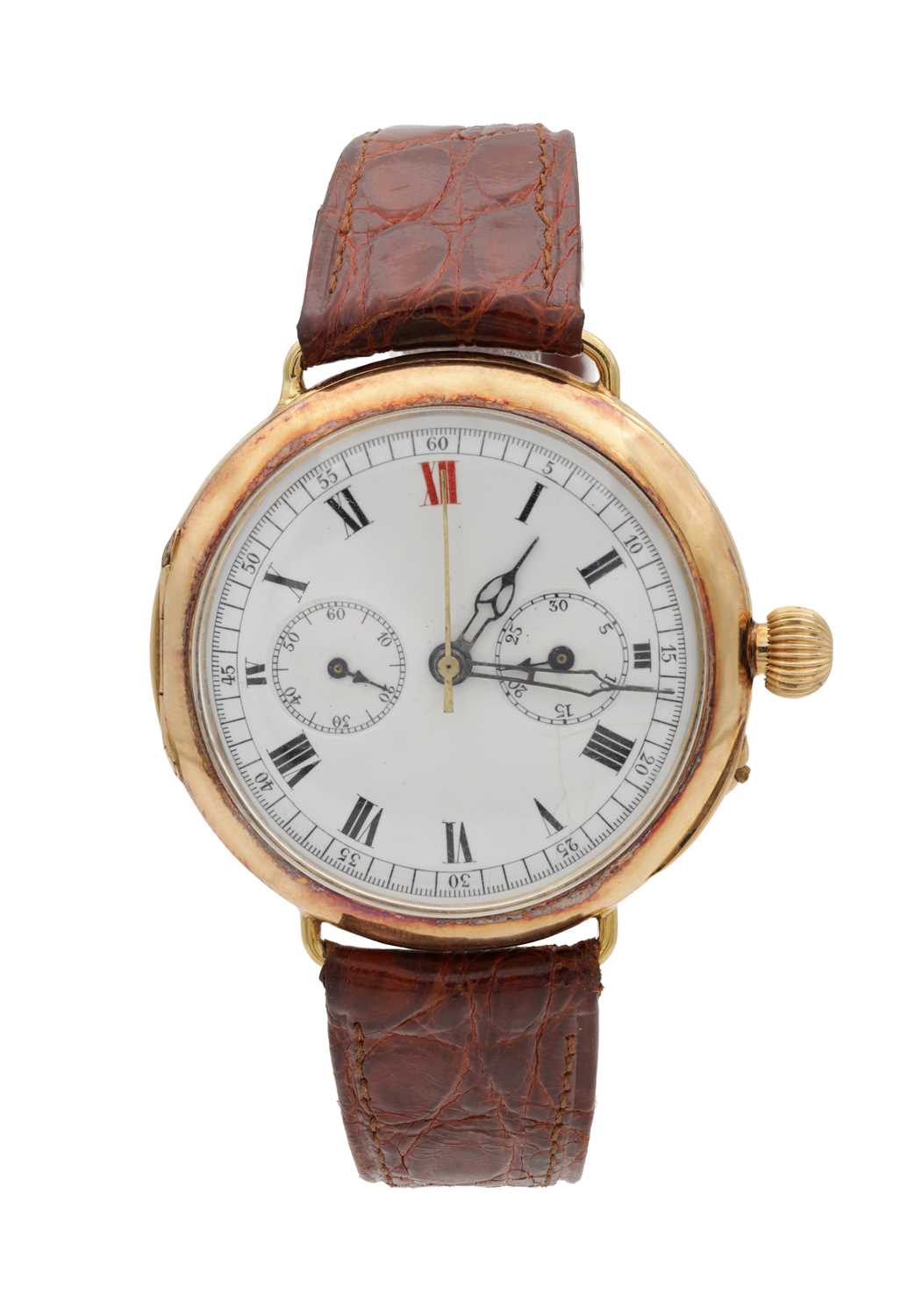 Lot 477 - AN EARLY 20TH CENTURY 18CT GOLD SINGLE BUTTON CHRONOGRAPH WRIST WATCH