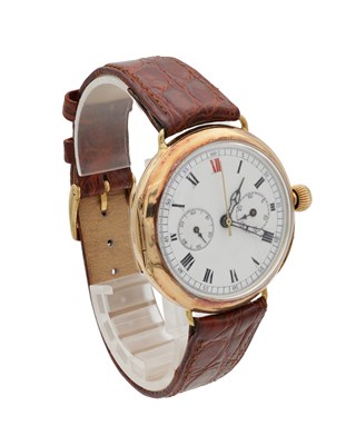 Lot 477 - AN EARLY 20TH CENTURY 18CT GOLD SINGLE BUTTON CHRONOGRAPH WRIST WATCH